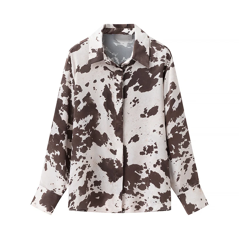 Damen Oversize-Hemdbluse mit Kuhflecken-Print, verdeckter Knopfleiste und weitem Schnitt Nord Taschen