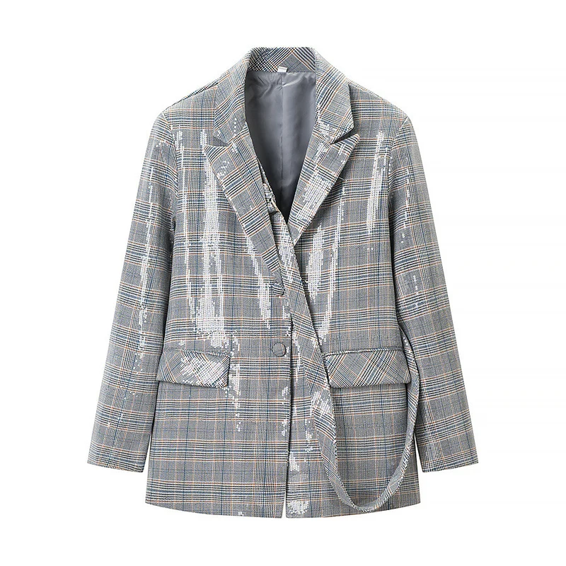 Damen Oversize Glencheck-Blazer mit einreihiger Knopfleiste, Pattentaschen und dezentem Paillettenbesatz Nord Taschen