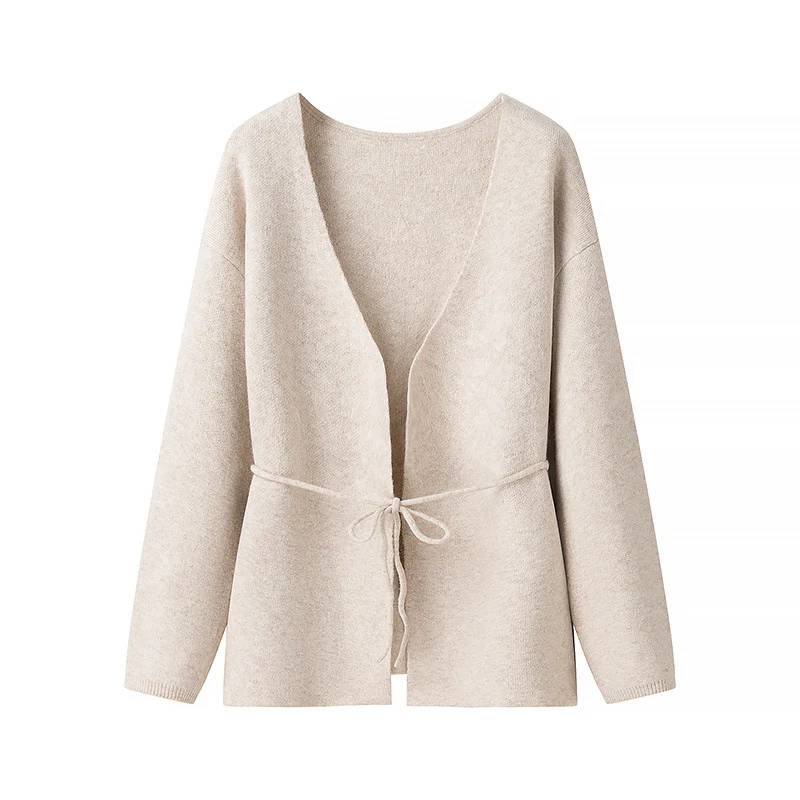 Damen Offener Strickcardigan mit Bindegürtel und V‑Ausschnitt Nord Taschen