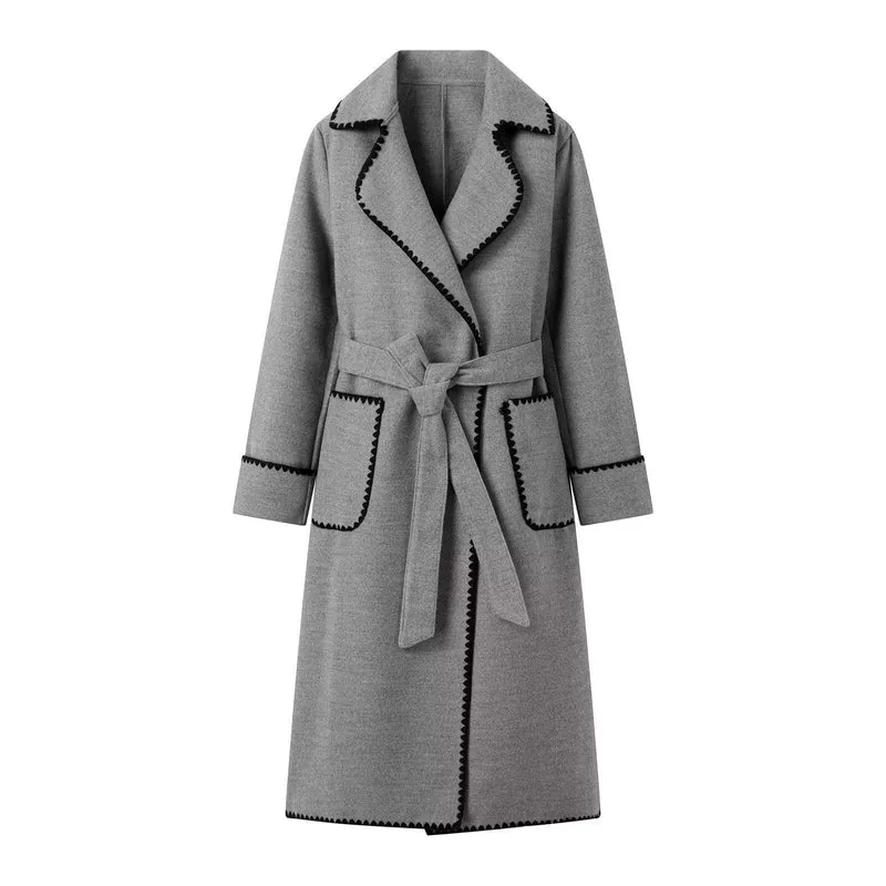 Damen Midilanger Wollmix-Mantel mit Bindegürtel und Zickzack‑Besatz Nord Taschen