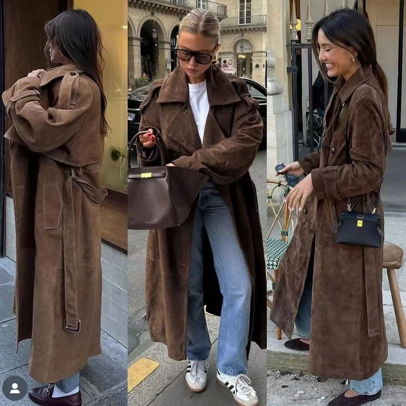 Damen Midilanger Oversize-Trenchcoat aus Veloursimitat mit doppelreihiger Knopfleiste, Schulterpatten und Bindegürtel Nord Taschen