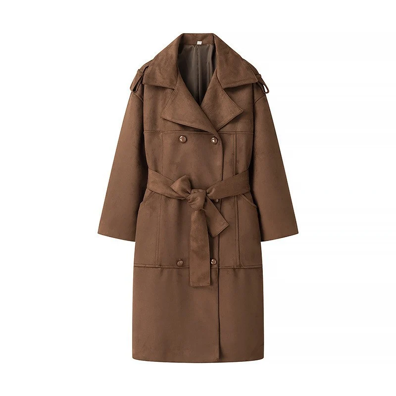 Damen Midilanger Oversize-Trenchcoat aus Veloursimitat mit doppelreihiger Knopfleiste, Schulterpatten und Bindegürtel Nord Taschen