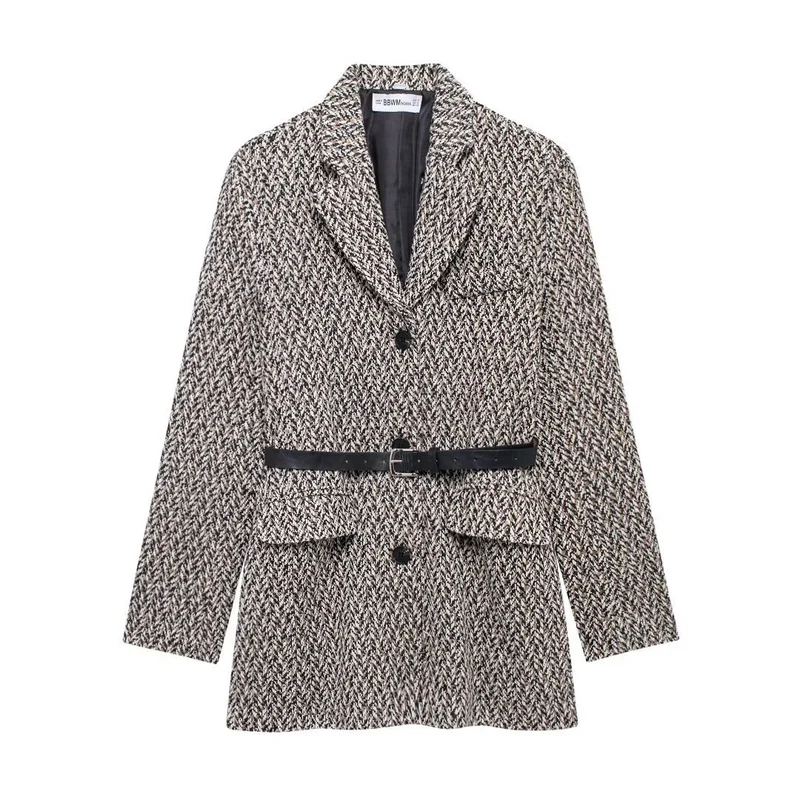 Damen Midilanger Bouclé-Tweed-Blazerjacke mit Lederimitat‑Gürtel Nord Taschen