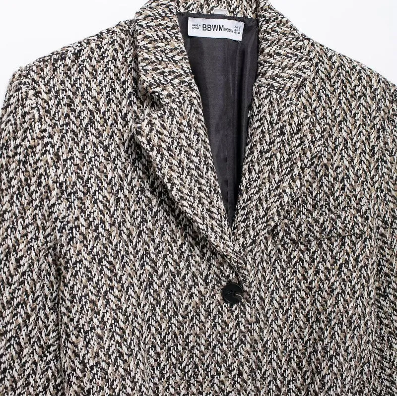 Damen Midilanger Bouclé-Tweed-Blazerjacke mit Lederimitat‑Gürtel Nord Taschen