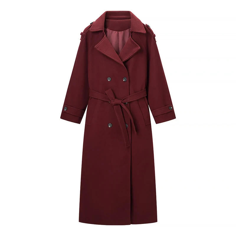 Damen Maxilanger Wollmix-Trenchcoat mit Schulterpasse, Bindegürtel und Krempelärmeln Nord Taschen