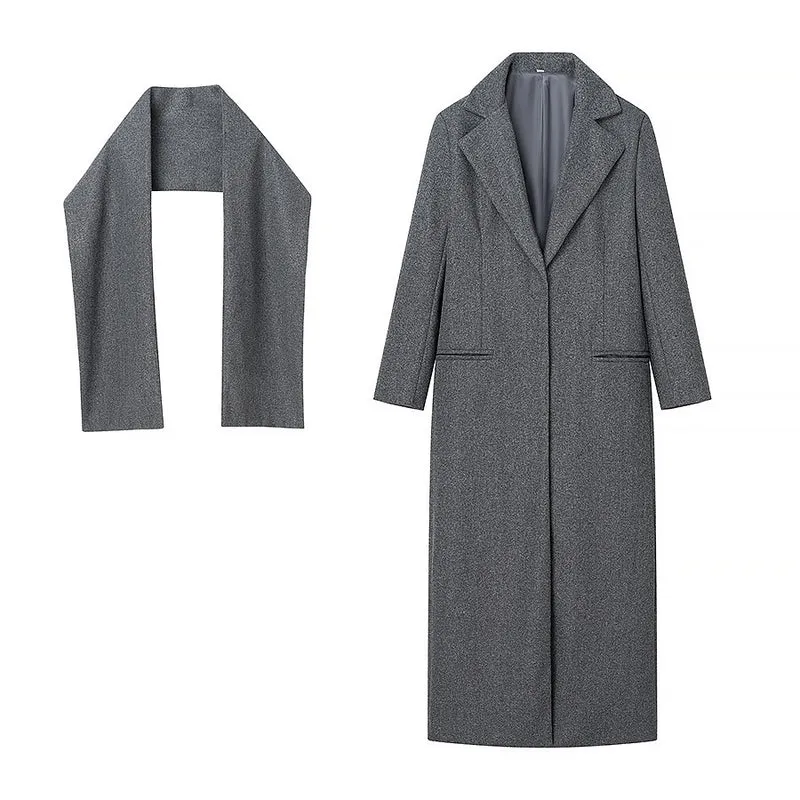 Damen Maxilanger Wollmix-Mantel mit integriertem Loop-Schal und cleanem Revers Nord Taschen