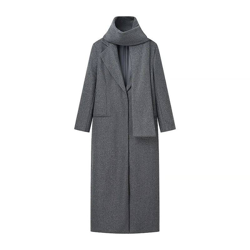 Damen Maxilanger Wollmix-Mantel mit integriertem Loop-Schal und cleanem Revers Nord Taschen