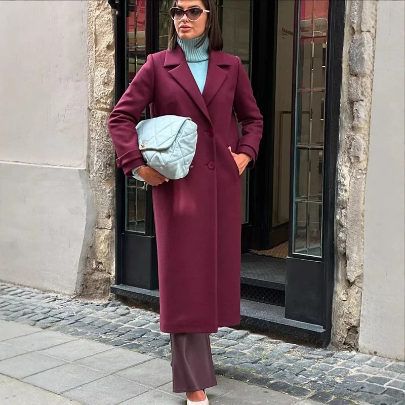 Damen Maxilanger Mantel aus Wollmix mit taillierter Silhouette und cleanem Revers Nord Taschen