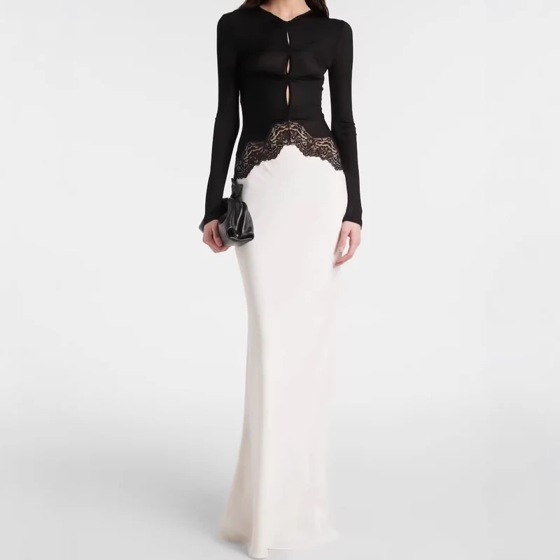 Damen Maxikleid mit Spitzeneinsatz, geraffter Vorderpartie und fließender Saum Nord Taschen