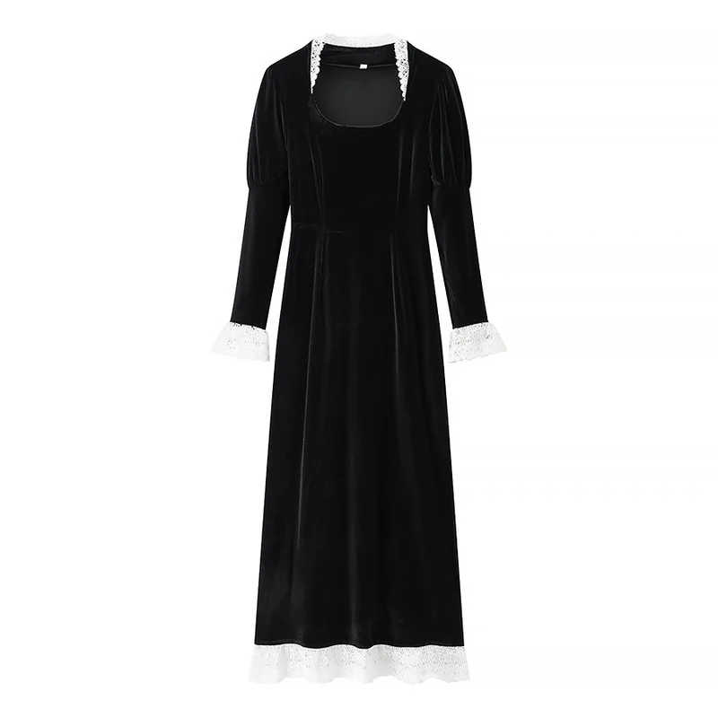 Damen Maxikleid aus Samt mit quadratischem Ausschnitt, Puffärmeln und Spitzenbesatz Nord Taschen
