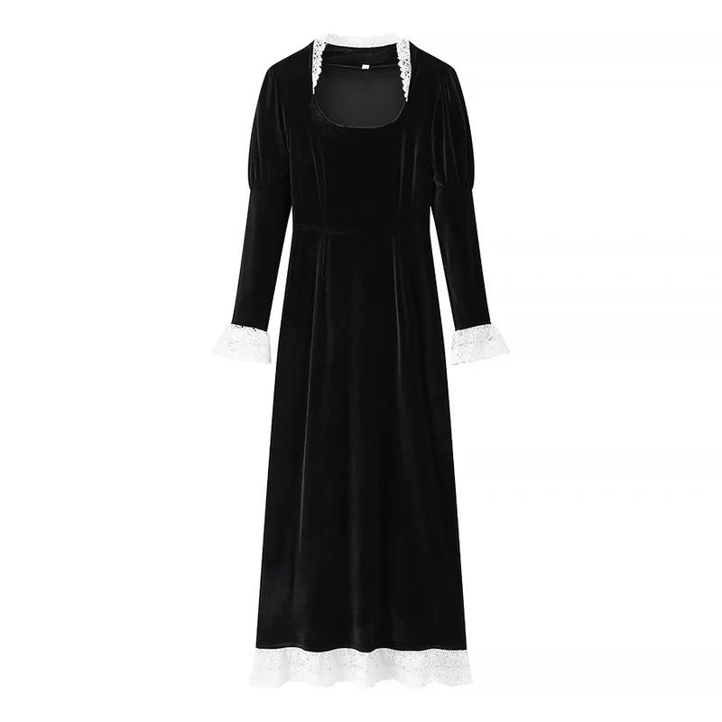 Damen Maxikleid aus Samt mit quadratischem Ausschnitt, Puffärmeln und Spitzenbesatz Nord Taschen