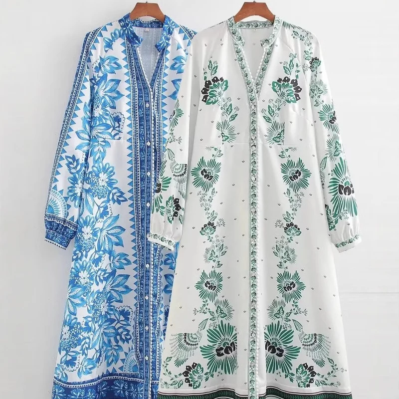 Damen Maxi-Kleid im Boho-Hemdstil mit Stehkragen und durchgehender Knopfleiste Nord Taschen