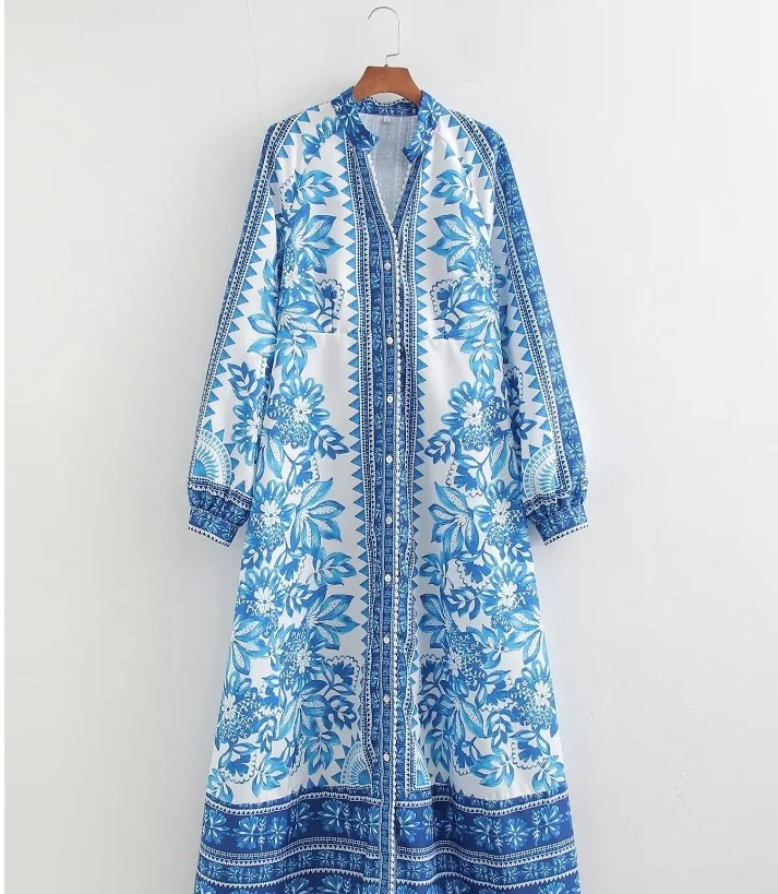 Damen Maxi-Kleid im Boho-Hemdstil mit Stehkragen und durchgehender Knopfleiste Nord Taschen