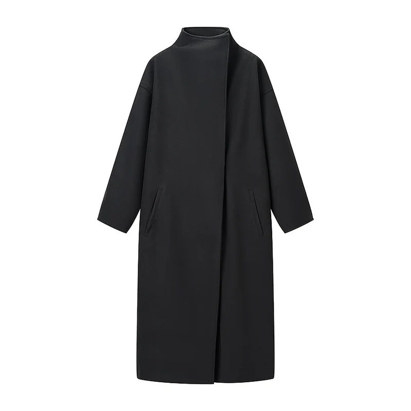 Damen Mantel im minimalistischen Midi‑Schnitt mit Stehkragen und verdeckter Knopfleiste Nord Taschen