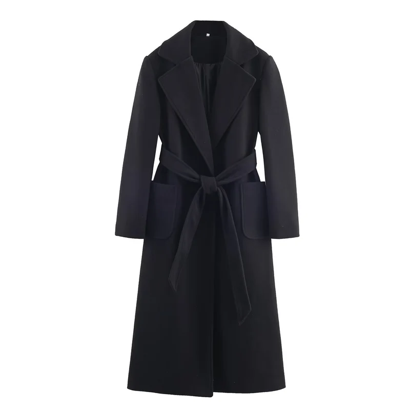 Damen Longline-Mantel mit breitem Revers und Bindegürtel Nord Taschen