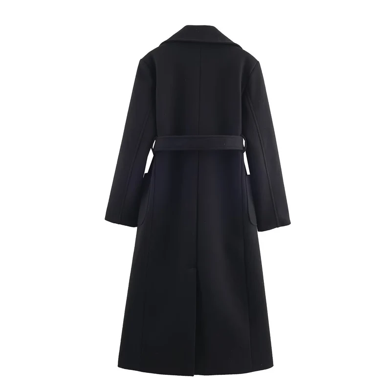 Damen Longline-Mantel mit breitem Revers und Bindegürtel Nord Taschen
