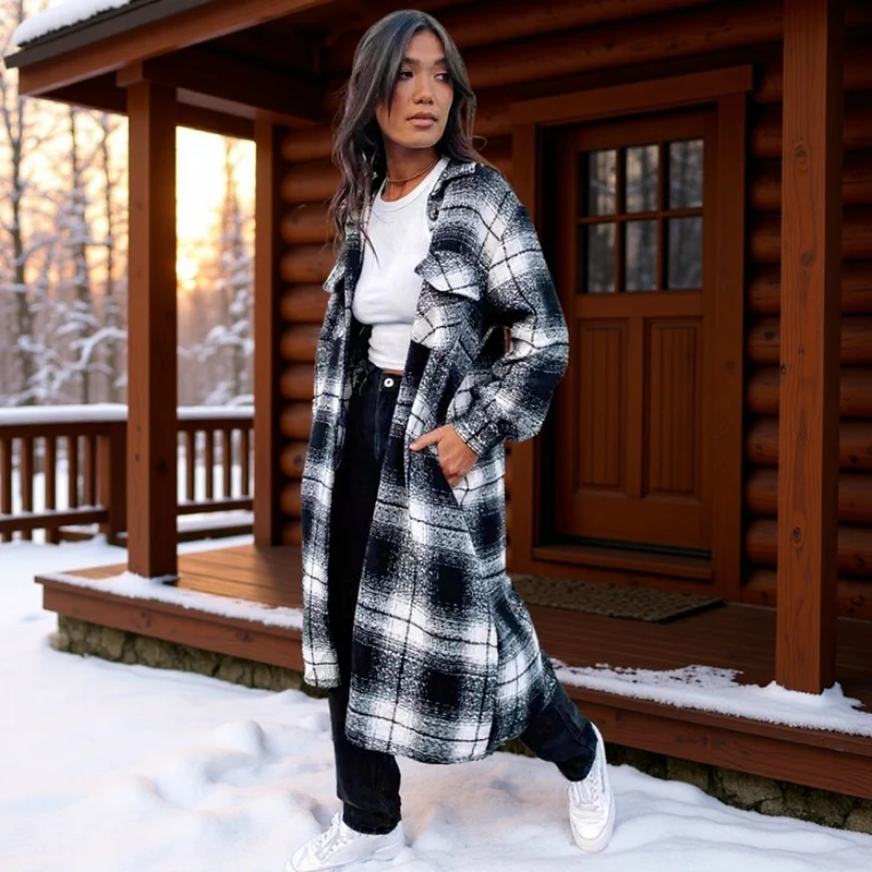 Damen Longline-Karo-Überhemd mit Oversize-Schnitt und aufgesetzten Pattentaschen Nord Taschen