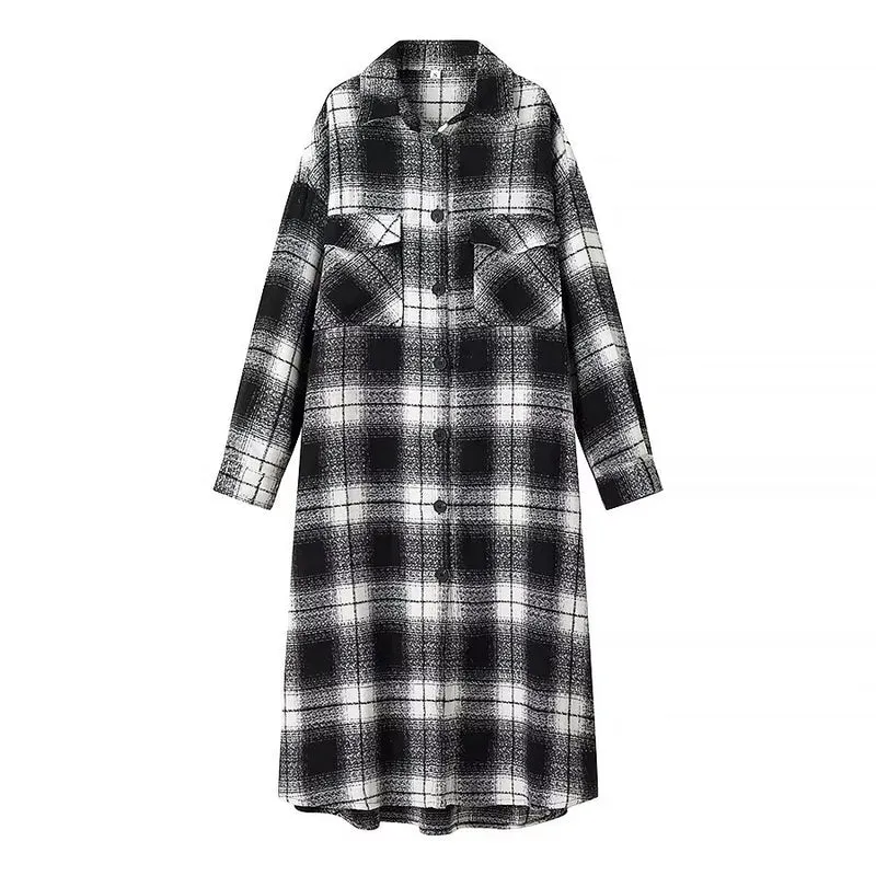 Damen Longline-Karo-Überhemd mit Oversize-Schnitt und aufgesetzten Pattentaschen Nord Taschen