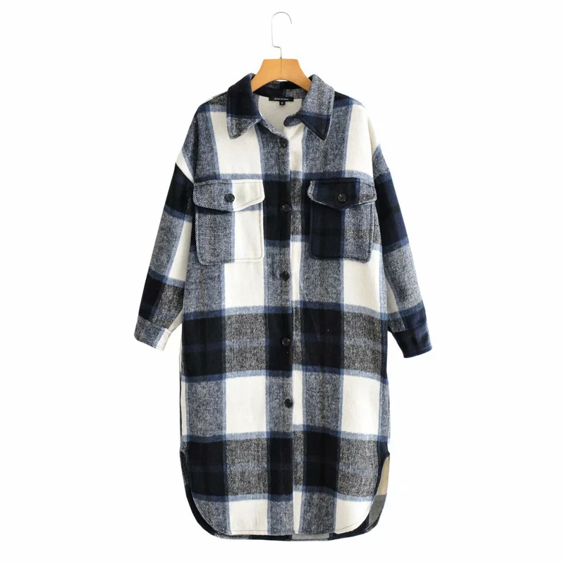 Damen Longline-Karo-Hemdjacke mit aufgesetzten Taschen Nord Taschen