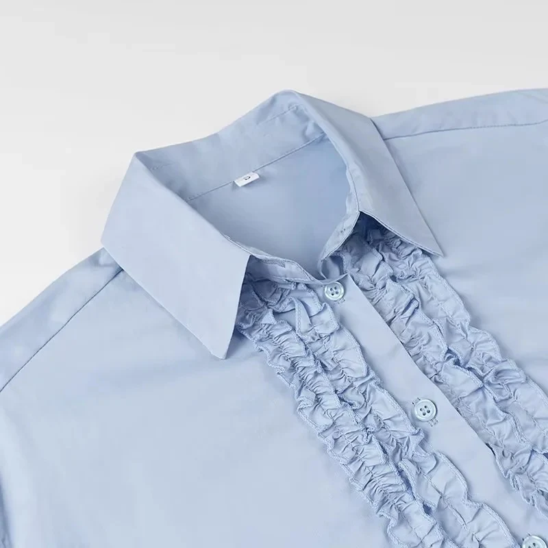 Damen Locker geschnittene Popeline-Bluse mit Rüschenblende und Hemdkragen Nord Taschen