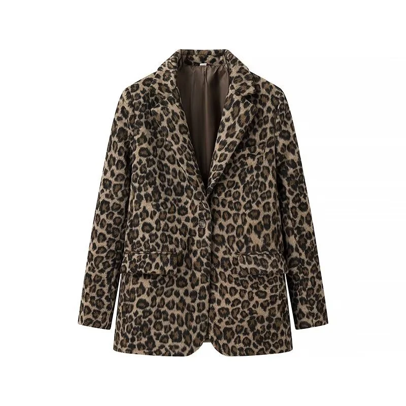 Damen Leopardenprint Bouclé-Blazer mit Reverskragen und aufgesetzten Pattentaschen Nord Taschen