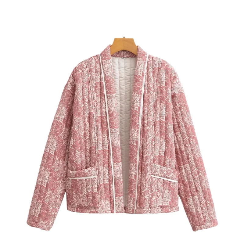 Damen Leichte gesteppte Jacke im Kimono-Stil mit floralem Blockdruck und Kontrastpaspel Nord Taschen