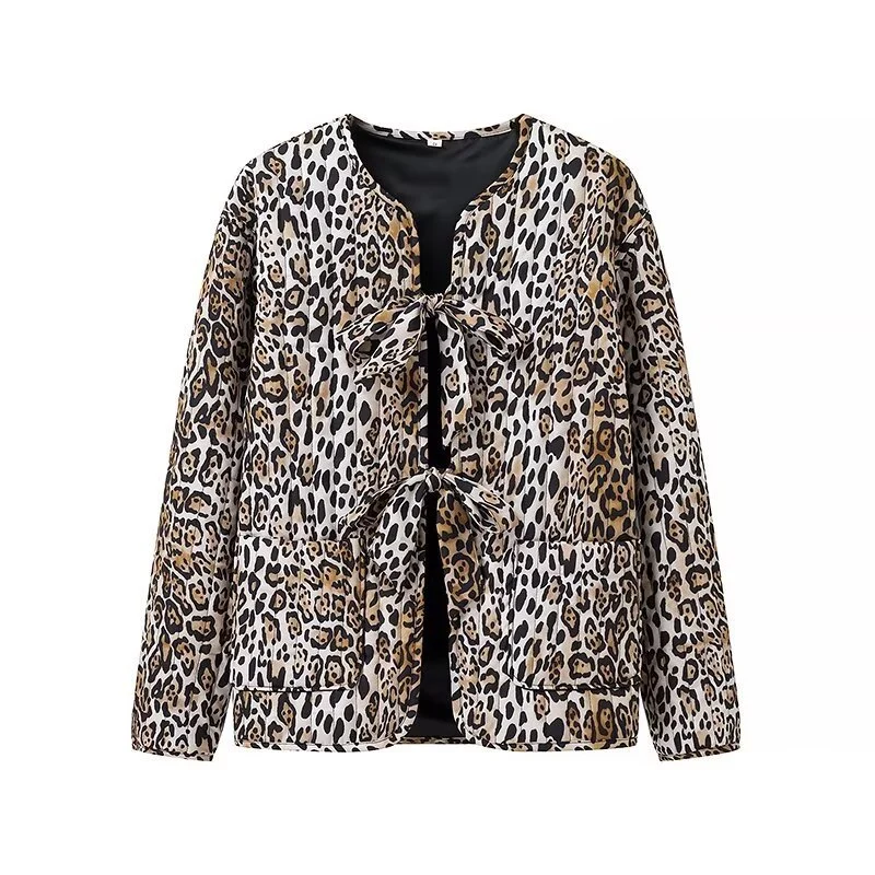 Damen Leichte Blousonjacke im Leopardenprint mit Bindebändern und aufgesetzten Taschen Nord Taschen