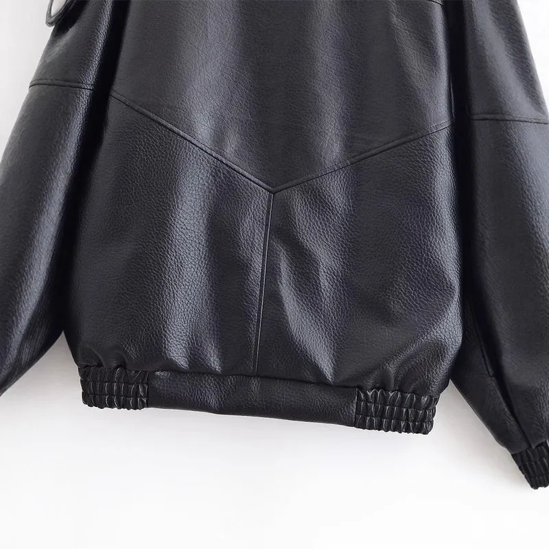 Damen Lederjacke mit hohem Stehkragen und asymmetrischer Druckknopfleiste Nord Taschen