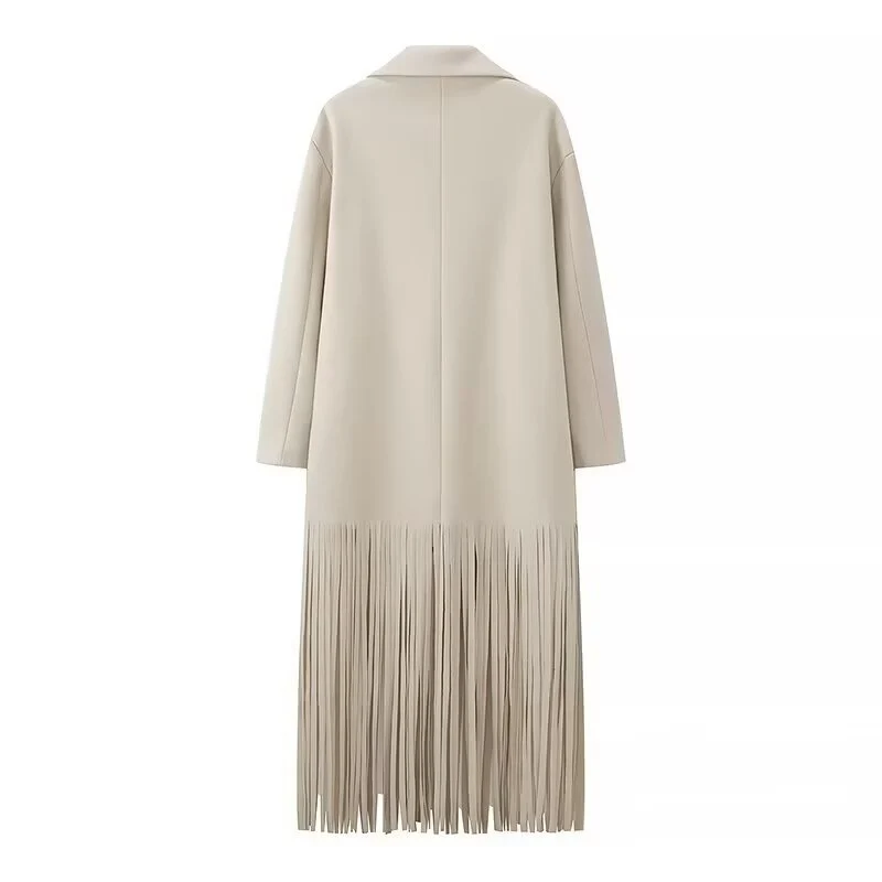 Damen Langmantel mit langem Fransen‑Saum, kastiger Oversize‑Silhouette und Reverskragen Nord Taschen