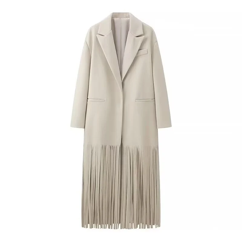 Damen Langmantel mit langem Fransen‑Saum, kastiger Oversize‑Silhouette und Reverskragen Nord Taschen