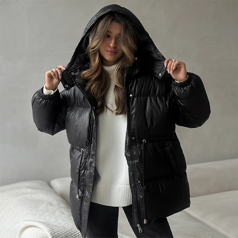 Damen Langer wattierter Parka mit Kapuze, Taillenzug und Oversize-Silhouette Nord Taschen