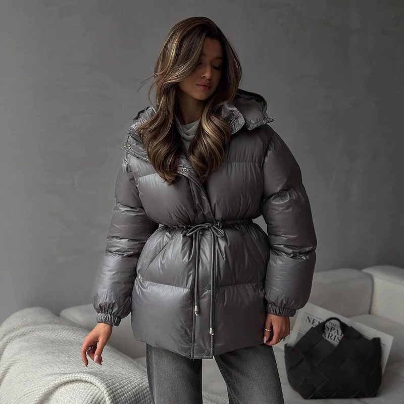 Damen Langer wattierter Parka mit Kapuze, Taillenzug und Oversize-Silhouette Nord Taschen