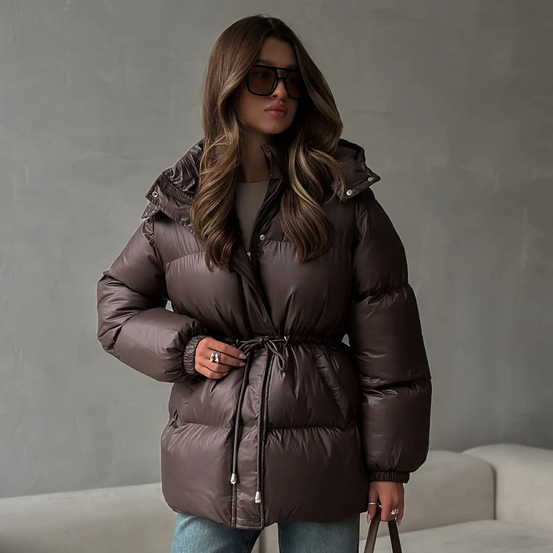 Damen Langer wattierter Parka mit Kapuze, Taillenzug und Oversize-Silhouette Nord Taschen