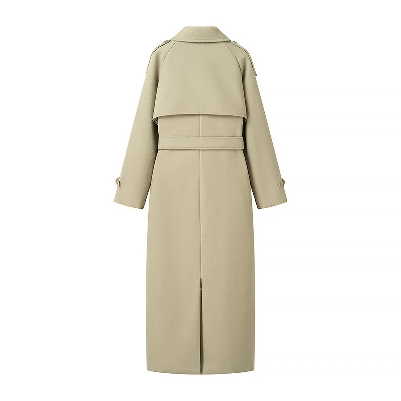 Damen Langer Trenchcoat mit Bindegürtel, doppelreihiger Knopfleiste und Epauletten Nord Taschen