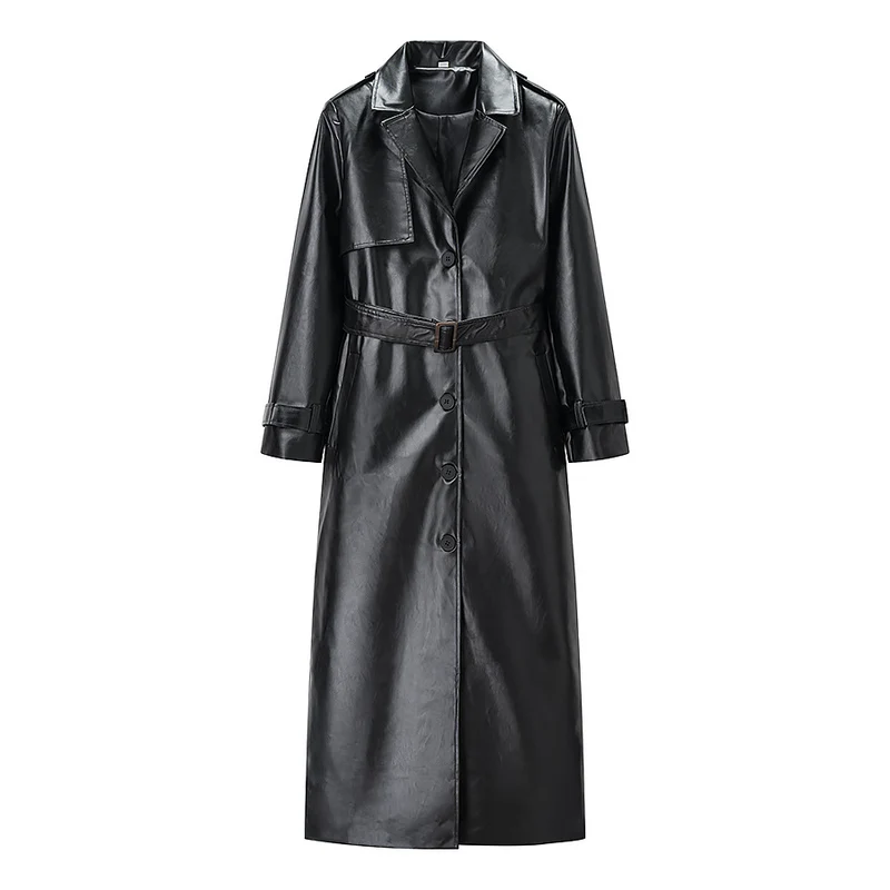 Damen Langer Trenchcoat aus Lederoptik mit Bindegürtel und Epauletten Nord Taschen
