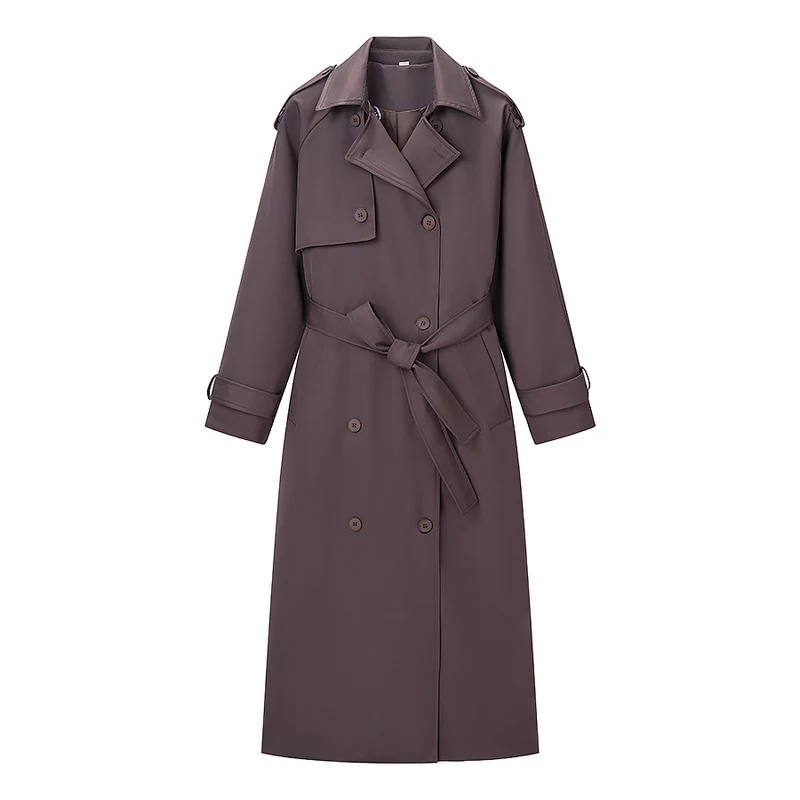 Damen Langer taillierter Trenchcoat mit Bindegürtel und doppelreihiger Knopfleiste Nord Taschen