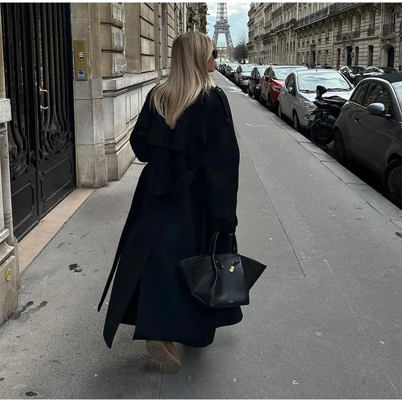 Damen langer Oversize Wollmantel mit weitem Revers und Gürtel Nord Taschen