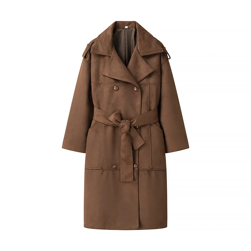 Damen Langer Oversize-Veloursleder-Trenchcoat mit Bindegürtel und Schulterriegeln Nord Taschen