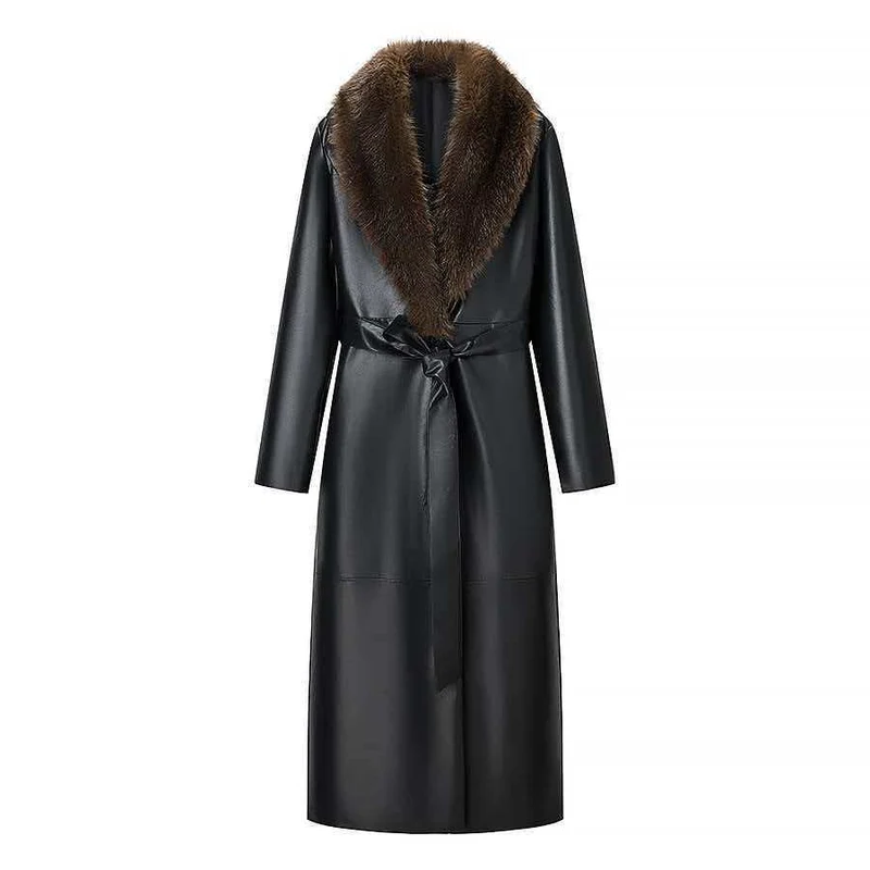 Damen Langer Ledermantel mit abnehmbarem Fellkragen und minimalistischer Silhouette Nord Taschen