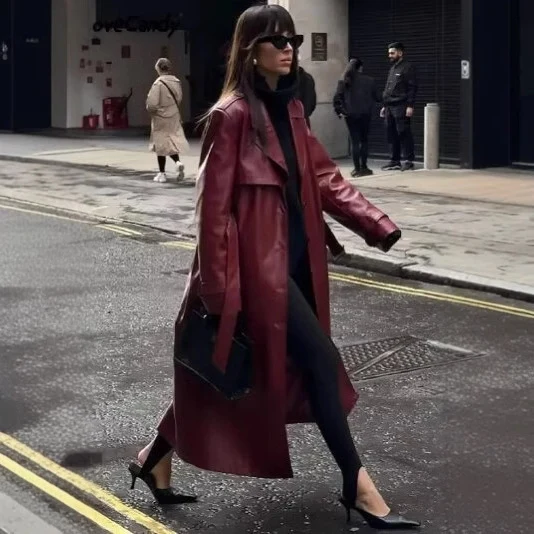 Damen Langer Kunstleder‑Trenchcoat mit Taillengürtel, weitem Revers und wasserabweisender Oberfläche Nord Taschen