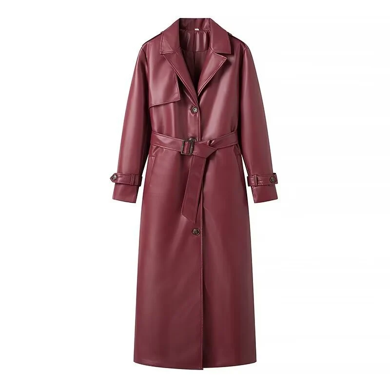 Damen Langer Kunstleder‑Trenchcoat mit Taillengürtel, weitem Revers und wasserabweisender Oberfläche Nord Taschen