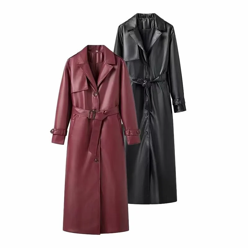 Damen Langer Kunstleder‑Trenchcoat mit Taillengürtel, weitem Revers und wasserabweisender Oberfläche Nord Taschen