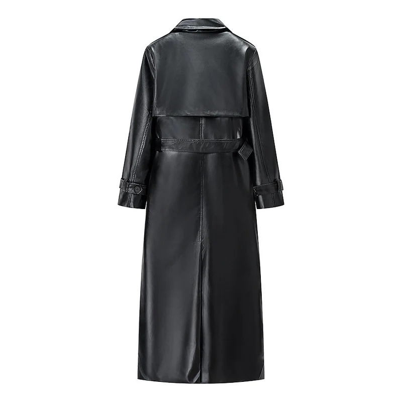 Damen Langer Kunstleder-Trenchcoat mit Taillengürtel und Epauletten Nord Taschen