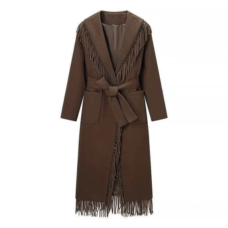 Damen Langer Fransen-Wollmix-Mantel mit Kapuze, Bindegürtel und aufgesetzten Taschen Nord Taschen