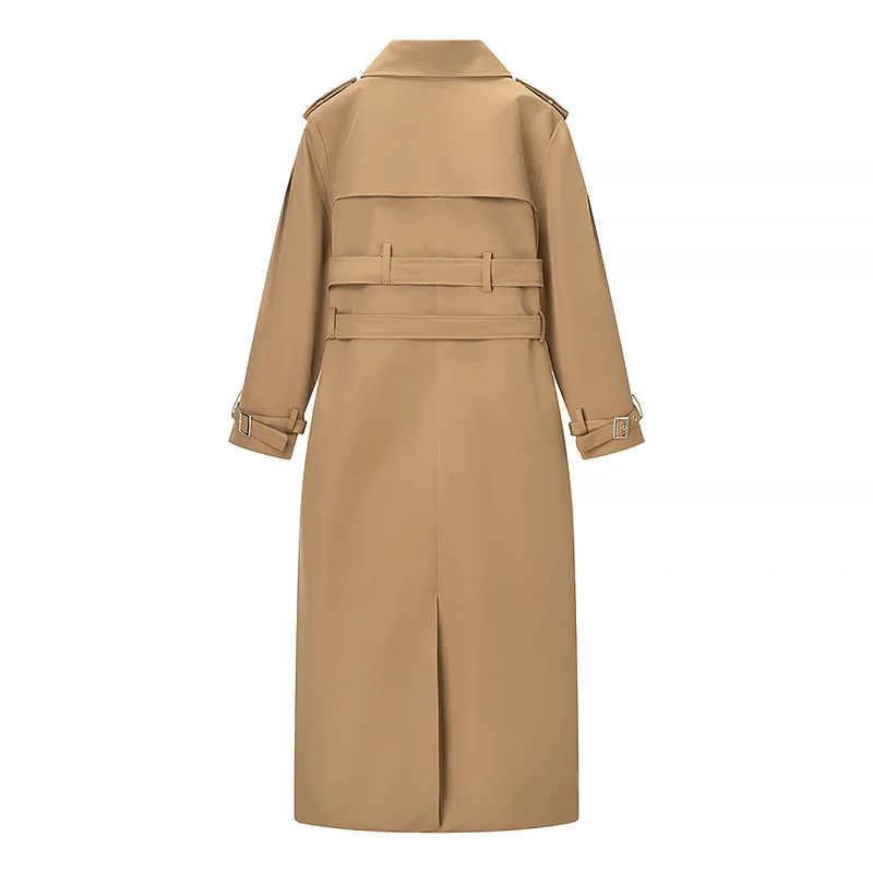 Damen Langer doppelreihiger Trenchcoat mit tailliertem Doppelgürtel, Ballonärmeln und Epauletten Nord Taschen