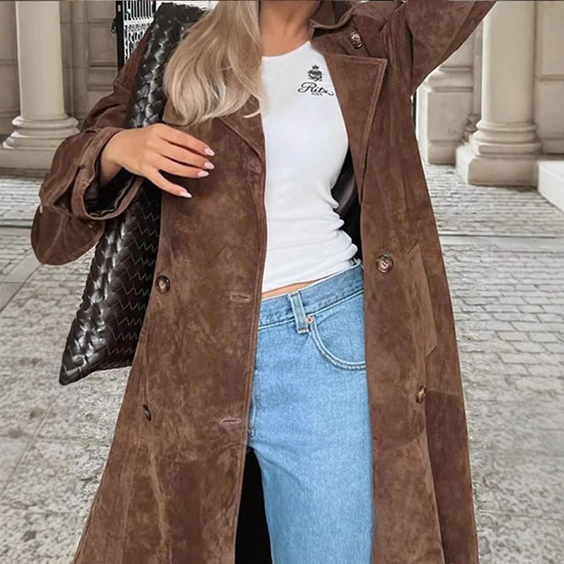 Damen Langer Doppelreihiger Trenchcoat aus Veloursleder-Optik mit Taillengürtel Nord Taschen