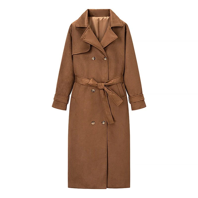 Damen Langer Doppelreihiger Mantel im Trenchcoat‑Stil mit Taillengürtel und Ärmelriegel Nord Taschen