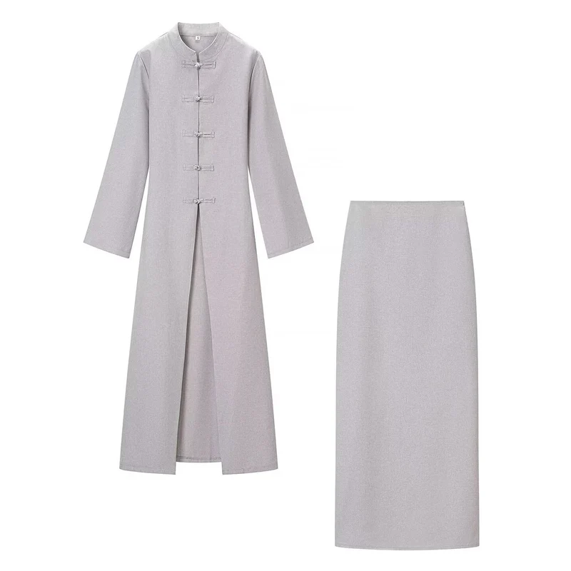 Damen Langärmliges Maxikleid mit Stehkragen Knebelknopfverschluss und vorderem Schlitz Nord Taschen