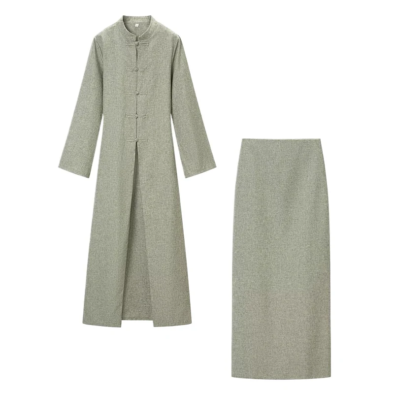 Damen Langärmliges Maxikleid mit Stehkragen Knebelknopfverschluss und vorderem Schlitz Nord Taschen
