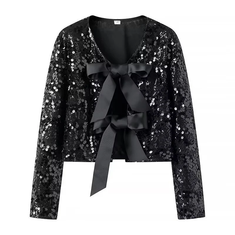 Damen Kurzjacke mit Paillettenbesatz und Zierschleifen-Front Nord Taschen
